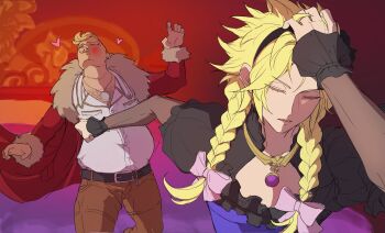 2boys absurdres arm_behind_back belt black_belt black_dress black_hairband blonde_hair blue_corset bow braid brown_pants bruise bruise_on_face chest_hair closed_eyes cloud_strife cloud_strife_(blue_dress) coat commentary_request corset crossdressing crossdressing_(mtf) derivative_work don_corneo dress facial_hair fat fat_man final_fantasy final_fantasy_vii final_fantasy_vii_remake fur-trimmed_coat fur_trim hair_bow hairband hand_in_own_hair highres injury jewelry long_hair male_focus meme messa_mo multiple_boys mustache naoya_hitting_choso_without_looking_(meme) official_alternate_costume official_alternate_hairstyle pants parted_lips pendant pink_bow red_coat short_hair spiked_hair twin_braids upper_body