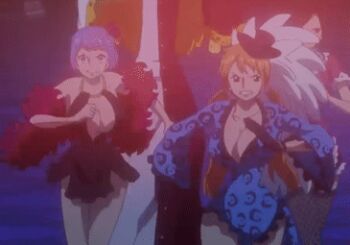 3girls alternate_costume animated animated_gif anime_screenshot bare_legs bouncing_breasts breasts carina_(one_piece) cat_tail cleavage fake_tail feather_boa huge_breasts large_breasts multiple_girls nami_(one_piece) nico_robin official_alternate_costume one_piece one_piece_film:_gold orange_hair purple_hair running tail