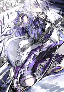1girl arm_warmers bare_shoulders black_nails boots bright_pupils commentary dutch_angle flower_(vocaloid) flower_(vocaloid4) from_below full_body guitar happy_birthday highres holding holding_guitar holding_instrument holding_microphone instrument jacket knee_boots microphone nail_polish open_mouth painterly pale_skin purple_arm_warmers purple_boots purple_eyes purple_hair purple_jacket short_hair sleeveless sleeveless_jacket solo squatting stage stage_lights suri_yyc teeth tongue upper_teeth_only vocaloid white_hair white_pupils