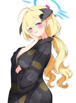 1girl absurdres acalephea ahoge akari_(blue_archive) akari_(new_year)_(blue_archive) black_kimono blonde_hair blue_archive blue_eyes blush braid braided_bangs breasts commentary demon_horns floral_print flower hair_flower hair_ornament halo hand_on_own_cheek hand_on_own_face highres horns japanese_clothes kimono large_breasts long_hair looking_at_viewer looking_to_the_side official_alternate_costume simple_background smile solo twintails very_long_hair white_background yukata
