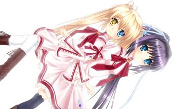Rule 34 | 2girls, black hair, black thighhighs, blonde hair, blue eyes, blue ribbon, blush, boots, breasts, brown boots, clenched hand, closed mouth, commentary request, dress, dutch angle, eyebrows hidden by hair, feet out of frame, frilled dress, frilled sleeves, frilled thighhighs, frills, hair between eyes, hair ribbon, hand up, heterochromia, highres, kazamatsuri institute high school uniform, konohana lucia, lace-up boots, light frown, long hair, long sleeves, looking at viewer, medium breasts, medium dress, multiple girls, nakatsu shizuru, no eyepatch, official style, pantyhose, pink dress, ponytail, rasielcochma, rewrite, ribbon, school uniform, simple background, small breasts, smile, split mouth, standing, straight hair, tareme, thighhighs, twintails, v-shaped eyebrows, very long hair, white background, white pantyhose, wide sleeves, yellow eyes, zettai ryouiki