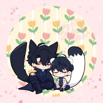 2boys animal_ears black_coat black_hair black_shirt boots cat_ears cat_tail closed_eyes coat collared_shirt commentary crossed_ankles double-parted_bangs full_body hair_between_eyes hand_on_own_knee highres kemonomimi_mode kim_dokja kimidori_22 male_focus mouse_ears mouse_tail multiple_boys omniscient_reader&#039;s_viewpoint open_clothes open_coat popped_collar shirt short_hair sitting symbol-only_commentary tail white_coat yoo_joonghyuk