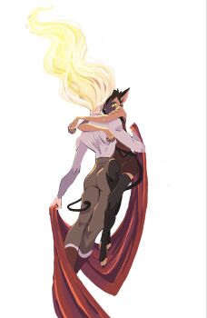 2girls adora_(she-ra) animal_ears ass back blue_sclera cat_ears cat_girl cat_tail catra colored_sclera gingerhazing glaring glowing glowing_hair heterochromia highres hug masters_of_the_universe multiple_girls shaded_face she-ra_and_the_princesses_of_power striped_skin tail toeless_legwear yuri