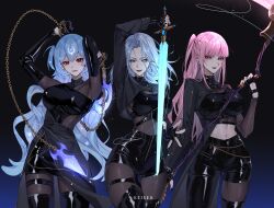 3girls absurdres alternate_costume bao_(vtuber) blue_hair breasts cleavage earrings highres holding holding_sword holding_weapon hololive hololive_english indie_virtual_youtuber jewelry keisea kpop_demon_hunters large_breasts long_hair midriff monarch_(amalee) mori_calliope multiple_girls navel official_art pink_eyes pink_hair red_eyes sword very_long_hair virtual_youtuber vshojo weapon