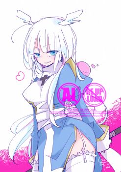 1girl :3 alternate_color blue_dress blue_eyes blush breasts closed_mouth commentary_request cowboy_shot dress feathered_wings garter_straps head_wings high_priest_(ragnarok_online) juliet_sleeves long_hair long_sleeves looking_at_viewer medium_breasts poring puffy_sleeves ragnarok_online rui_(konoki) sash slime_(creature) smile solo thighhighs two-tone_dress watermark white_background white_dress white_hair white_sash white_thighhighs white_wings wings