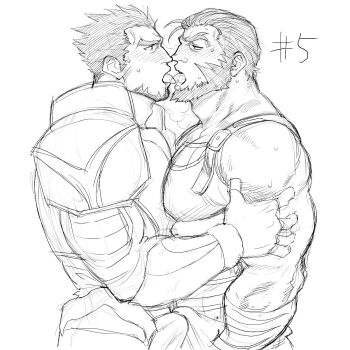 2boys bara beard bulge commentary_request erection erection_under_clothes facial_hair fire_emblem fire_emblem:_the_sacred_stones french_kiss garcia_(fire_emblem) gilliam_(fire_emblem) highres kiss male_focus monochrome multiple_boys muscular muscular_male nintendo odaibako short_hair sketch tongue tongue_out yakisoba_ohmori yaoi