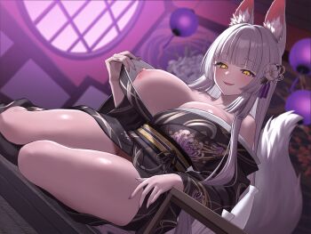 Rule 34 | 1girl, animal ear fluff, animal ears, black kimono, blunt bangs, blunt ends, blush, breasts, chair, fang, flower, fox ears, fox tail, hair flower, hair ornament, highres, hime cut, indoors, japanese clothes, jfjf, kimono, kitsune, lantern, large breasts, lattice, long hair, looking at viewer, nipples, no panties, obi, open mouth, original, print kimono, round window, sash, sidelocks, sitting, smile, solo, tail, thighs, white hair, window, yellow eyes