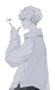 1boy animal bug cowboy_shot dragonfly from_side greyscale hand_up highres insect long_sleeves male_focus monochrome mooshiki original parted_lips profile shirt short_hair simple_background solo white_background