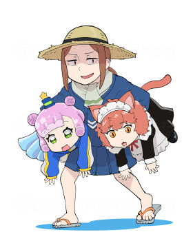 Rule 34 | 3girls, :d, akuyaku reijou tensei ojisan, brown hair, carrying, carrying under arm, cat girl, crossover, green eyes, hat, highres, houkago teibou nisshi, kuroiwa yuuki, long sleeves, maid, maid headdress, mini hat, monster girl, multiple crossover, multiple girls, open mouth, ponytail, puniru (puniru wa kawaii slime), puniru wa kawaii slime, purple hair, sandals, sasahara yuu, simple background, slime girl, slime hair, slit pupils, smile, straw hat, sun hat, ueyama michirou, voice actor connection