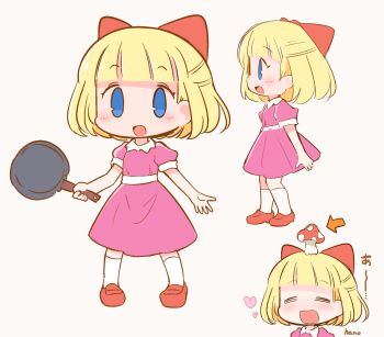 1girl :d arrow_(symbol) blonde_hair blue_eyes blush bow commentary_request frying_pan hair_bow hanomido highres holding loafers mother_(series) mother_2 multiple_views mushroom_on_head nintendo open_mouth paula_(mother_2) profile puffy_short_sleeves puffy_sleeves red_bow red_footwear shoes short_sleeves signature smile socks translation_request white_socks