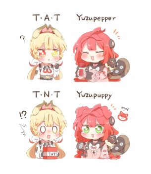 2girls :3 :d ahoge alice_thymefield animal_ears blonde_hair blush bow chibi chibi_only closed_eyes commentary_request cropped_torso dog_ears dog_girl explosive green_eyes kemonomimi_mode long_hair long_sleeves minecraft multiple_girls open_mouth rabbit_ears rabbit_girl rebecca_(keinelove) red_bow shirt simple_background smile tnt ukinami_yuzuha white_background white_shirt zenless_zone_zero