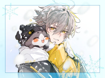 1boy animal_ears animal_nose animalization artist_name black_hat black_jacket blue_border blush_stickers border caelus_(honkai:_star_rail) caelus_(world_tour_2023)_(honkai:_star_rail) chimera_(honkai:_star_rail) closed_eyes commentary_request creature grey_hair hair_between_eyes happy hat honkai:_star_rail honkai_(series) hood hoodie jacket lapels looking_at_another male_focus matori_(penguin_batake) musical_note official_alternate_costume open_clothes open_jacket open_mouth outside_border person_and_animalization pom_pom_(clothes) scarf short_hair smile snowflakes snowing tail teeth trailblazer_(honkai:_star_rail) upper_body white_background white_hoodie winter yellow_eyes yellow_scarf