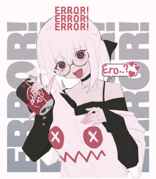 1girl :d @_@ bare_shoulders black_bow black_choker black_eyes black_shirt bow breasts breath can choker cleavage collarbone crossed_bangs dr_pepper drooling facing_viewer hair_between_eyes hair_bow heart holding holding_can layered_shirt layered_sleeves long_sleeves looking_at_viewer medium_breasts medium_hair off_shoulder open_mouth original planbi print_shirt saliva saliva_trail shirt short_over_long_sleeves short_sleeves single_off_shoulder sleeves_past_wrists smile solo spaghetti_strap speech_bubble spoken_heart text_background tongue tongue_out upper_body white_background white_hair white_shirt