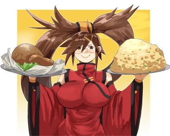 1girl absurdres beffen_m breasts brown_eyes brown_hair china_dress chinese_clothes closed_mouth commentary dress english_commentary glasses guilty_gear hair_rings highres holding holding_plate kuradoberi_jam large_breasts long_hair looking_at_viewer plate red_dress smile solo
