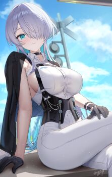 Rule 34 | 1girl, aqua hair, ass, backless shirt, black choker, black corset, black jacket, blue eyes, blue sky, blush, breasts, brid (nikke), brid (silent track) (nikke), chest harness, choker, closed mouth, cloud, collarbone, collared shirt, colored inner hair, commentary request, corset, crossed legs, day, gloves, goddess of victory: nikke, grey hair, hair between eyes, hair down, hair over one eye, harness, highres, indoors, jacket, jacket on shoulders, large breasts, long hair, looking at viewer, may9, multicolored hair, official alternate costume, official alternate hairstyle, pants, partial commentary, railroad signal, shadow, shirt, sideboob, sideless shirt, sidelocks, signature, sitting, sky, sleeveless, smile, solo, tight clothes, tight pants, two-tone hair, white pants, white shirt