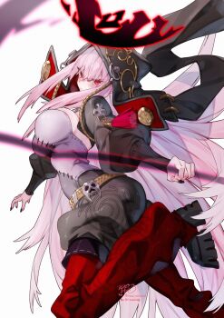 1girl absurdres artist_name black_hood black_nails black_pants black_shoes blush breasts closed_mouth commentary_request fingernails grey_shirt highres holding holding_scythe hololive hololive_english kamiya_maneki large_breasts long_hair long_sleeves looking_at_viewer mori_calliope mori_calliope_(jigoku_6) nail_polish pants patchwork_clothes pink_eyes pink_hair red_pants scythe shirt shoes signature simple_background solo tassel twitter_username virtual_youtuber white_background