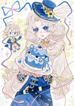 1boy 1girl absurdres artist_request belt birthday blue_eyes blue_hat blue_ribbon blue_shirt blue_shorts blueberry blush cake capelet chibi chibi_inset chinese_commentary commentary_request commission cowboy_shot curtained_hair double_bun fang food frilled_shirt_collar frills fruit hair_bun happy_birthday hat hat_feather heart highres holding holding_cake holding_fireworks holding_food identity_v lily_barriere lily_barriere_(oph.lily) long_sleeves luca_balsa luca_balsa_(oph.luca) mark_under_both_eyes mini_hat open_mouth ribbon second-party_source shirt shorts smile solo_focus star_(symbol) strap white_capelet white_hair