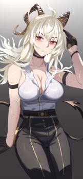 Rule 34 | 1girl, absurdres, ahoge, arm strap, black choker, black gloves, black horns, black pants, black tail, breasts, chinese commentary, choker, cleavage, closed mouth, collarbone, commentary request, curled horns, demon tail, gloves, grey hair, hair between eyes, half gloves, hand up, high-waist pants, highres, horns, large breasts, looking at viewer, neo777, pants, red eyes, shirt, solo, tail, torn clothes, torn shirt, white shirt, wuthering waves, zani (wuthering waves)