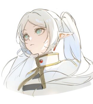 Rule 34 | 1girl, aqua eyes, capelet, closed mouth, earrings, elf, frieren, gold trim, grey hair, highres, jewelry, kamui (kurohshiro1), long hair, parted bangs, pointy ears, shirt, sketch, solo, sousou no frieren, striped clothes, striped shirt, twintails, upper body, white background, white capelet