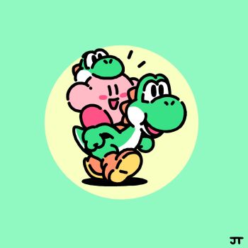 :d black_eyes blush_stickers boots brown_boots character_hat chibi chibi_only commentary copy_ability crossover dinosaur english_commentary green_background green_hat happy hat highres james_turner kirby kirby_(series) looking_at_viewer mario_(series) nintendo no_humans notice_lines open_mouth riding riding_dinosaur signature simple_background smile super_smash_bros. two-tone_background walking yellow_background yoshi