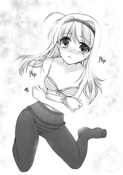 1girl blush bra breasts chaos;head chaos;head_love_chu_chu! cleavage collarbone crossed_arms crotch_seam full_body greyscale hairband highres kneeling long_hair looking_at_viewer monochrome nishijou_nanami non-web_source official_art panties panties_under_pantyhose pantyhose science_adventure small_breasts solo striped_clothes striped_panties sumi_hei underwear