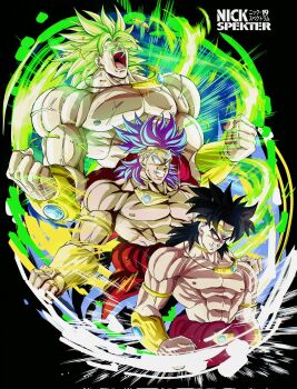 Rule 34 | 1boy, abs, black hair, blue hair, broly (dragon ball z), commentary, cowboy shot, dragon ball, dragonball z, glowing, glowing eyes, green hair, highres, legendary super saiyan, male focus, multiple views, muscular, muscular male, nickelespektro, powering up, super saiyan, tiara, topless male