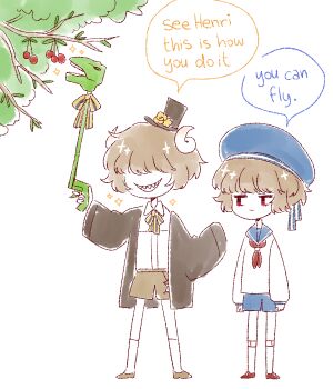 Rule 34 | 2boys, belt, beret, black hat, black jacket, blue hat, blue ribbon, blue sailor collar, blue shorts, bow, bowtie, brown hair, brown shoes, brown shorts, cherry, collared shirt, commentary, curled horns, deformed, demon horns, eleanor (ohmyeleanor), english text, flower, food, fruit, hair over eyes, hat, hat flower, hat ribbon, henri die heilige, holding, horns, jacket, kneehighs, leg belt, long sleeves, male focus, mini hat, mini top hat, multiple boys, neckerchief, open clothes, open jacket, open mouth, pocket mirror, puffy long sleeves, puffy sleeves, red belt, red neckerchief, red shoes, ribbed socks, ribbon, rose, sailor collar, sailor shirt, sharp teeth, shirt, shoes, short hair, shorts, simple background, single stripe, sleeves past fingers, sleeves past wrists, smile, socks, sparkle, speech bubble, standing, strange boy, striped bow, striped bowtie, striped clothes, striped ribbon, teeth, top hat, tree, upper teeth only, white background, white horns, white shirt, white socks, yellow bow, yellow bowtie, yellow flower, yellow rose