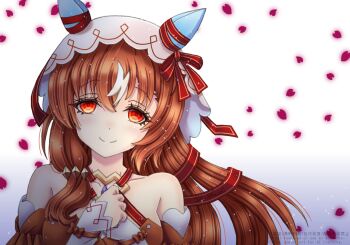 1girl amou_yuu animal_ears breasts brown_hair closed_mouth collarbone commentary_request dress hair_between_eyes hair_ornament hands_on_own_chest horse_girl jewelry looking_at_viewer necklace partially_shaded_face petals red_eyes smile solo still_in_love_(umamusume) umamusume veil white_background