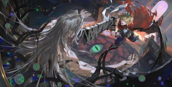 Rule 34 | aqua eyes, armor, bandages, black nails, black wings, blonde hair, blue eyes, blue pants, boots, brown boots, brown gloves, buster sword, cloak, cloud strife, commentary, eyeball, final fantasy, final fantasy vii, gloves, grey hair, hair between eyes, highres, holding, holding sword, holding weapon, kingdom hearts, long hair, male focus, nail polish, open mouth, pants, parted bangs, pauldrons, red cloak, sephiroth, short hair, shoulder armor, single pauldron, single wing, slit pupils, spiked hair, sword, symbol-only commentary, topless male, torn clothes, weapon, wings, xixi10235