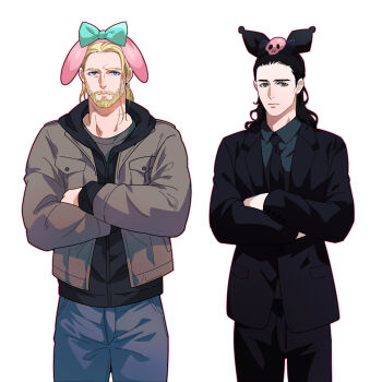 2boys 444_fofofo adoptive_siblings beard black_hair black_jacket black_necktie blonde_hair closed_mouth commentary_request connected_beard cosplay crossed_arms facial_hair grey_jacket highres jacket kuromi kuromi_(cosplay) loki_(marvel) male_focus marvel multiple_boys my_melody my_melody_(cosplay) my_melody_(series) necktie sanrio siblings simple_background step-siblings thor_(marvel) thor_(marvel)_(series) upper_body white_background