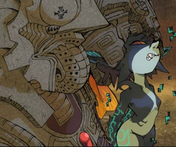 1boy 1girl clenched_teeth colored_sclera colored_skin gem helmet long_hair midna multicolored_skin nintendo one_eye_covered orange_hair pantsu-ripper pointy_ears red_eyes red_gem sharp_teeth teeth the_legend_of_zelda the_legend_of_zelda:_twilight_princess two-tone_skin yellow_sclera zant