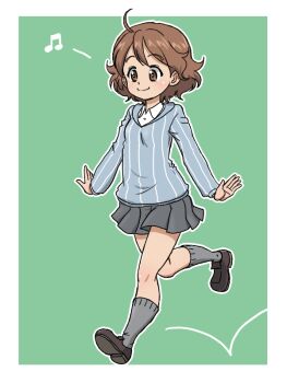 Rule 34 | 1girl, ahoge, bare legs, blue sweater, brown eyes, brown hair, collared shirt, curly hair, girls und panzer, girls und panzer saishuushou, green background, grey shoes, grey skirt, grey socks, keizoku school uniform, miniskirt, musical note, outstretched arms, pleated skirt, reino (girls und panzer), school uniform, shirt, shoes, short hair, simple background, skipping, skirt, smile, socks, spread arms, sweater, takahashi kurage, vertical-striped sweater, white shirt