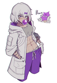 1girl abs blowing_bubble_gum bow breasts chewing_gum commentary_request gloves grey_hair grey_sports_bra hair_bow hand_in_pocket hands_in_pockets highres hood hood_down hoodie kira_(project_moon) korean_commentary korean_text limbus_company looking_at_viewer misg1111 navel pants project_moon purple_bow purple_eyes purple_pants revision scar scar_on_stomach simple_background sports_bra stomach tattoo toned toned_female track_pants translation_request white_background white_gloves