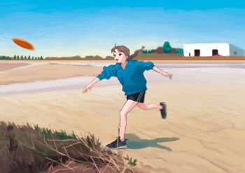 1girl black_shoes black_shorts blue_hoodie blue_sky braid brown_eyes brown_hair building day dry_grass floating_hair frisbee highres hood hood_down hoodie horizon ketsuro long_hair motion_blur open_mouth original outdoors playing sand shadow shoes short_shorts shorts sky sleeves_pushed_up smile solo standing standing_on_one_leg throwing wide_shot