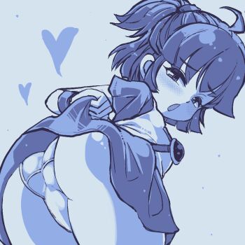 1girl ahoge arle_nadja armor ass blue_background blue_theme blush breastplate chestnut_mouth clothes_lift come_hither commentary_request from_behind half-closed_eyes half_updo heart in_heat lifting_own_clothes loli looking_at_viewer looking_back monochrome open_mouth panties ponytail puyopuyo seductive_gaze shirt short_hair short_sleeves simple_background skirt skirt_lift solo teasing torotei underwear wristband