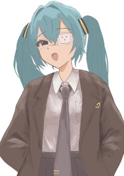 1girl black_hair black_skirt breast_pocket brown_jacket collared_shirt commentary eyepatch grey_necktie hair_tie hatsune_miku jacket long_hair looking_at_viewer monitoring_(vocaloid) necktie open_clothes open_jacket pakupaku11294 pleated_skirt pocket shirt skirt twintails vocaloid white_background white_shirt