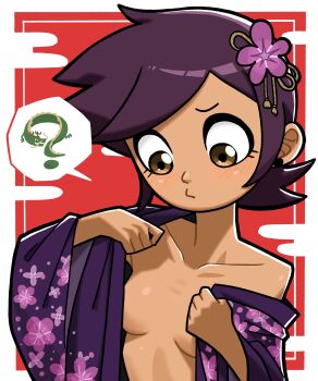 1girl ? absurdres breasts brown_eyes chinese_zodiac collarbone dark-skinned_female dark_skin dragon dressing eastern_dragon floral_print floral_print_kimono flower hair_flower hair_ornament highres japanese_clothes kimono looking_down luz_noceda n_k_m no_bra open_clothes open_kimono print_kimono purple_kimono short_hair small_breasts solo spoken_question_mark the_owl_house upper_body very_short_hair year_of_the_dragon