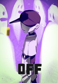 Rule 34 | 1boy, 2 3up, :|, baseball bat, baseball cap, baseball uniform, belt, black belt, black hat, closed mouth, commentary request, copyright name, ghost, hat, highres, holding, holding baseball bat, layered sleeves, long sleeves, male focus, off (game), pants, shirt tucked in, short over long sleeves, short sleeves, solo, spectre (off), sportswear, the batter (off)