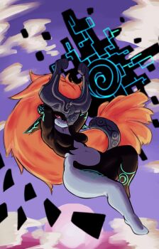 1girl 2024 absurdres arm_tattoo arms_behind_head barefoot black_skin blue_skin breasts cloud cloudy_sky colored_sclera colored_skin commentary covered_eyes english_commentary fang fang_out female_focus floating half-closed_eyes helmet helmet_over_eyes highres knee_up leg_tattoo long_hair makof4ce midna multicolored_skin navel nintendo no_nipples nude orange_hair ponytail portal_(object) red_eyes shortstack sky small_breasts smile solo sunset tattoo the_legend_of_zelda the_legend_of_zelda:_twilight_princess thick_thighs thighs two-tone_skin wide_hips yellow_sclera