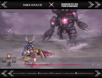 Rule 34 | 1girl, absurdres, black shorts, blue hair, braid, character name, copyright name, dark souls (series), dark souls iii, dclaret, digimon, digimon (creature), digimon story: time stranger, dual wielding, fog, gameplay mechanics, glowing, health bar, helmet, highres, holding, holding shield, holding sword, holding weapon, minervamon, monster energy, mugendramon, non-humanoid robot, robot, robot dragon, shield, shorts, standing, sword, twin braids, weapon, winged helmet