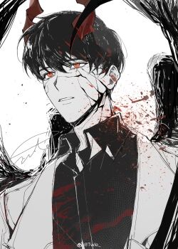 1boy bags_under_eyes black_hair black_shirt black_wings blood blood_splatter broken_skin coat collared_shirt demon_horns feathered_wings highres horns kim_dokja male_focus official_alternate_costume omniscient_reader&#039;s_viewpoint open_clothes open_coat parted_lips red_eyes shirt short_hair solo twle upper_body white_coat wings