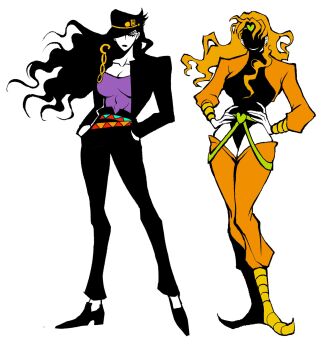 2girls belt black_hair black_hat black_jacket black_leotard black_lips black_pants black_shoes blonde_hair bracelet breasts chain clamchowder55 cleavage commentary_request crotchless dio_brando earrings flat_color gakuran genderswap genderswap_(mtf) gold_bracelet gold_chain green_belt green_headband green_suspenders hands_in_pockets hands_on_own_hips hat headband heart_ornament high_collar highres jacket jewelry jojo_no_kimyou_na_bouken korean_commentary kuujou_joutarou large_breasts leotard long_hair makeup multiple_belts multiple_girls orange_jacket orange_pants pants peaked_cap pointy_boots purple_shirt school_uniform shaded_face shirt shoes stardust_crusaders