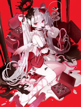 Rule 34 | 1girl, absurdres, arrow (projectile), bare shoulders, box, box of chocolates, candy, chocolate, chocolate heart, commentary request, criss-cross strings, dessert, detached sleeves, dress, food, food halo, frilled dress, frills, gradient wings, hair between eyes, hair ornament, hair rings, halo, heart, heart-shaped food, heart hair ornament, high heels, highres, legs, long hair, long sleeves, looking at viewer, low wings, milk, multicolored wings, onodera nire, open mouth, original, pouring, red background, red eyes, shoes, single thighhigh, sitting, solo, thighhighs, thighs, tiered tray, twintails, unworn shoes, valentine, very long hair, white dress, white hair, white thighhighs, white wings, wings