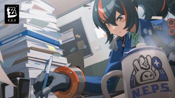 1girl black_gloves black_hair blue_jacket book book_stack checkered_necktie coat coffee_mug commentary copyright_logo cup english_commentary gloves hair_between_eyes high_ponytail highres inkwell jacket logo long_hair looking_at_object mug multicolored_hair necktie official_art orange_eyes paper paper_stack pen ponytail pursed_lips shirt solo steam streaked_hair sweat upper_body white_shirt wrist_guards writing zenless_zone_zero zhu_yuan