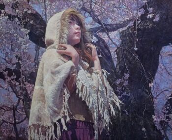 Rule 34 | 1girl, asian, cherry blossoms, commentary request, day, highres, looking at viewer, looking to the side, naohiro ito, oil painting (medium), original, painting (medium), shadow, solo, sunlight, traditional media, tree, tree shade