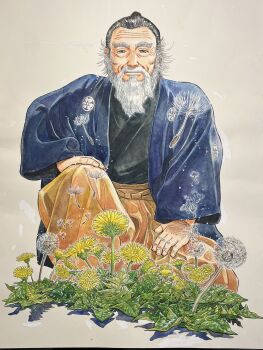 1boy beard black_hair black_kimono blue_haori brown_eyes closed_mouth commentary_request crest dandelion dandelion_clock dandelion_seed facial_hair family_crest flower full_body hakama hakama_pants hand_on_own_knee hand_on_own_thigh haori highres honjo_kei japanese_clothes kimono knee_up leaf looking_at_viewer male_focus mismatched_facial_hair mustache orange_hakama pants real_life short_hair simple_background sitting smile solo tanaka_shouzou traditional_media white_background yellow_flower