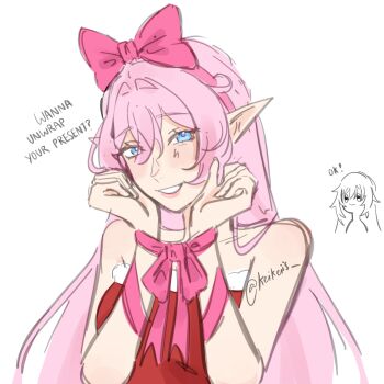 bare_shoulders blue_eyes bound bound_wrists bow commentary dress eden_(honkai_impact) elf elysia_(honkai_impact) english_commentary english_text hair_ribbon highres honkai_(series) honkai_impact_3rd keikeiis long_hair looking_at_viewer pink_bow pink_hair pink_ribbon pointy_ears red_dress ribbon santa_costume santa_dress simple_background twitter_username very_long_hair white_background yuri