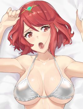 1girl :o armpits arms_up bare_arms bare_shoulders bed_sheet bikini blush breasts circlet cleavage collarbone commentary covered_erect_nipples female_focus from_above head_tilt implied_sex j@ck large_breasts looking_at_viewer lying nintendo on_back open_mouth pyra_(xenoblade) red_eyes red_hair saliva sheet_grab short_hair solo strap_gap swept_bangs swimsuit upper_body white_bikini xenoblade_chronicles_(series) xenoblade_chronicles_2
