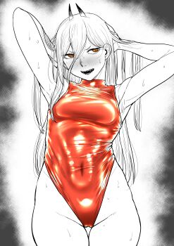 1girl absurdres armpits arms_behind_head arms_up blush breasts chainsaw_man commentary_request covered_navel cowboy_shot greyscale hair_between_eyes highres horns kaiman_garupan long_hair long_hair_between_eyes monochrome one-piece_swimsuit open_mouth orange_eyes orange_one-piece_swimsuit power_(chainsaw_man) sharp_teeth small_breasts solo spot_color sweat swimsuit teeth