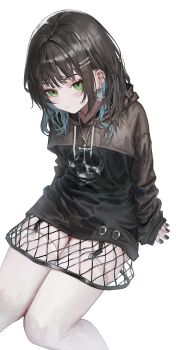 1girl absurdres aqua_hair black_garter_straps black_hair black_nails closed_mouth earrings fishnets flippy_(cripine111) garter_straps highres invisible_chair jewelry long_sleeves looking_at_viewer medium_hair multicolored_hair necklace original simple_background sitting solo thighhighs two-tone_hair white_background white_thighhighs